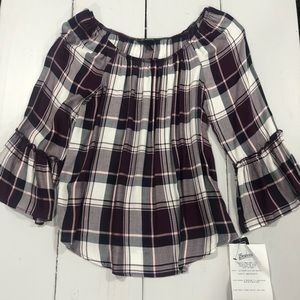 Off-the-shoulder plaid shirt